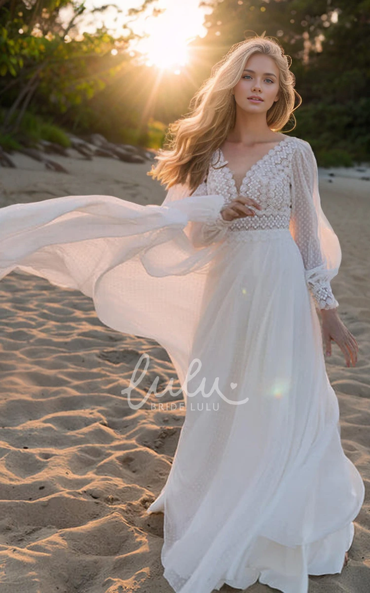 Boho Beach A-Line Lace Chiffon Plunging Neckline Wedding Dress Romantic Vintage Puff Long Sleeve Floor-length V Back Bridal Dress