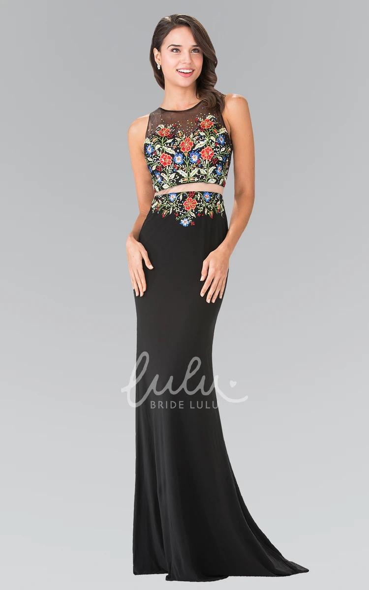 Sleeveless Sheath Jersey Illusion Dress with Embroidery Modern Formal Dress