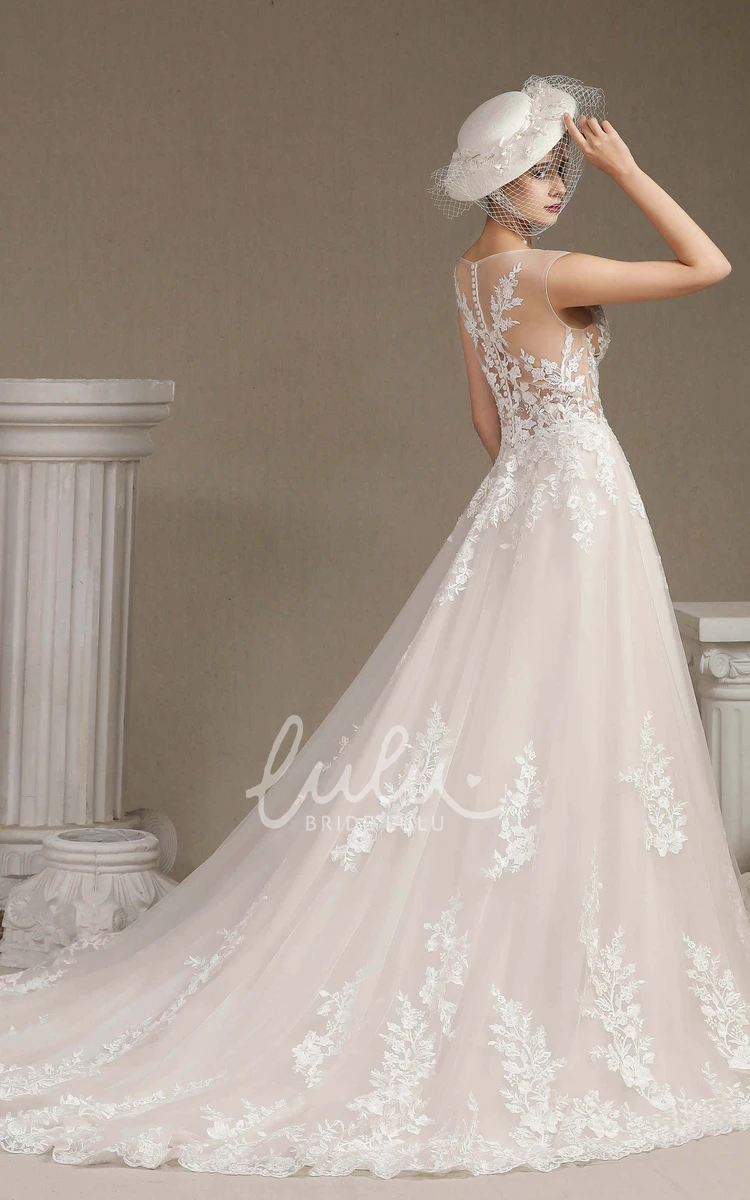 Lace Appliqued Ballgown Wedding Dress with Illusion Top and Cap Sleeves