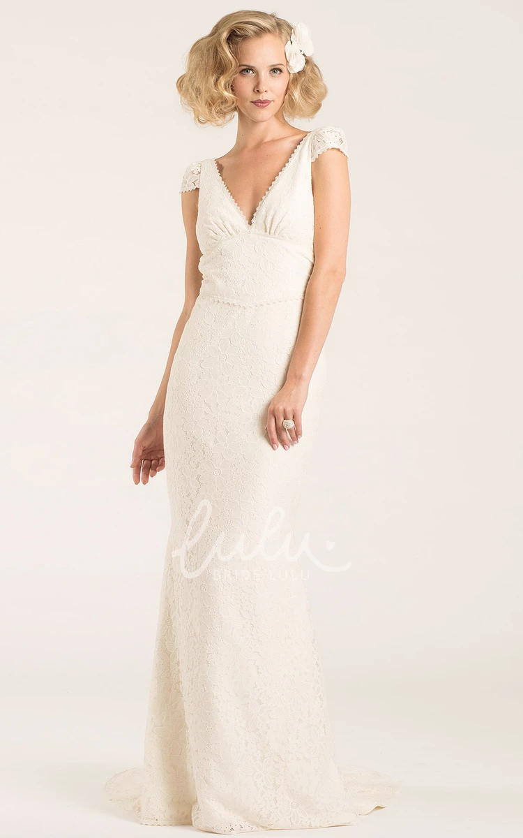 Lace Cap-Sleeve V-Neck Wedding Dress with Sweep Train and Backless Elegant Bridal Gown