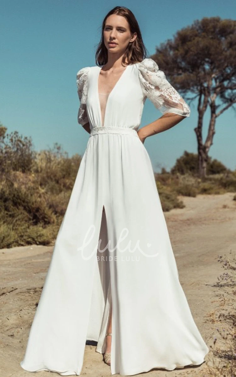 A-Line Satin Romantic Wedding Dress with Plunging Neckline and Split Front Romantic Wedding Dress