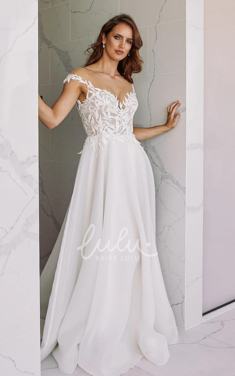 Simple Chiffon A-Line Wedding Dress Bateau Neckline Short Sleeves Adorable Bride Gown