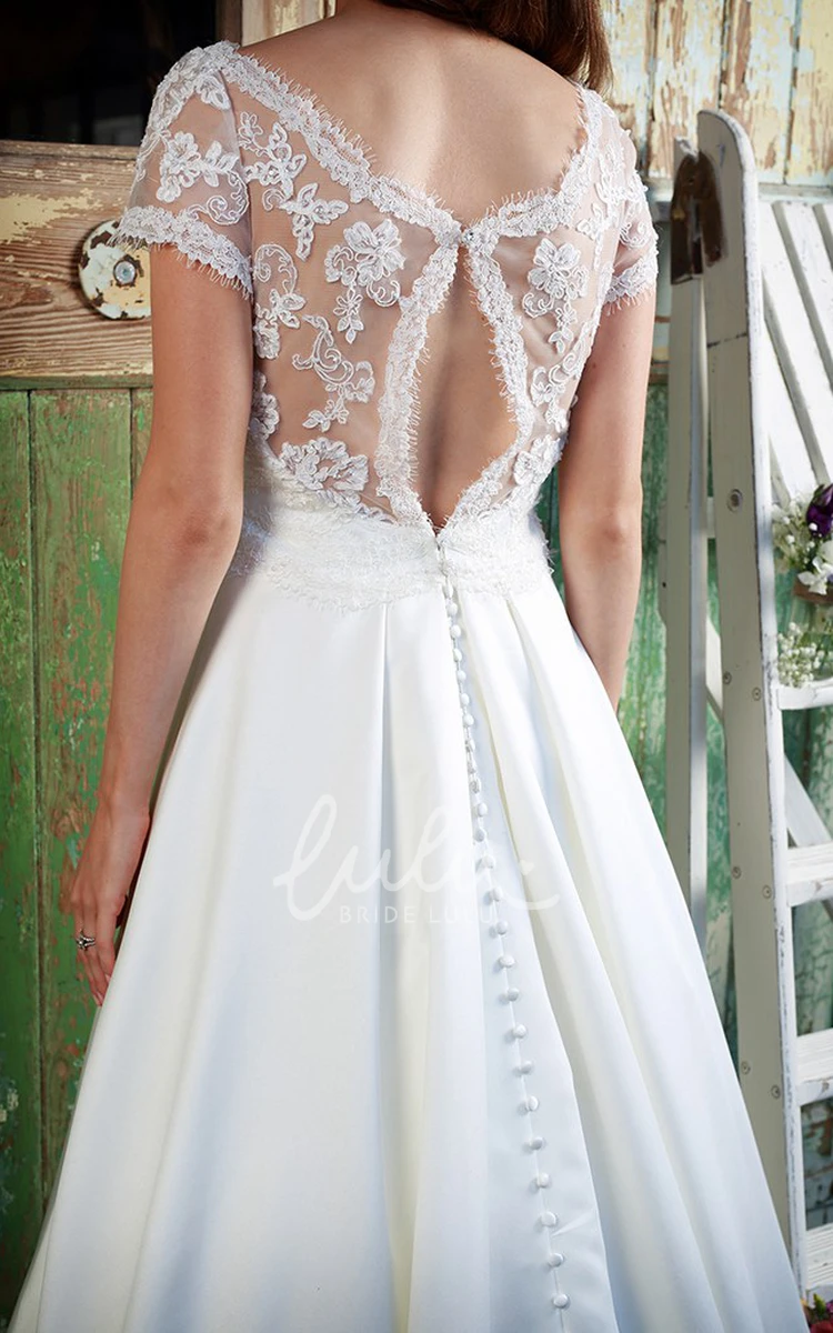 Short-Sleeve Satin&Lace Wedding Dress with Appliques Classic Bridal Gown