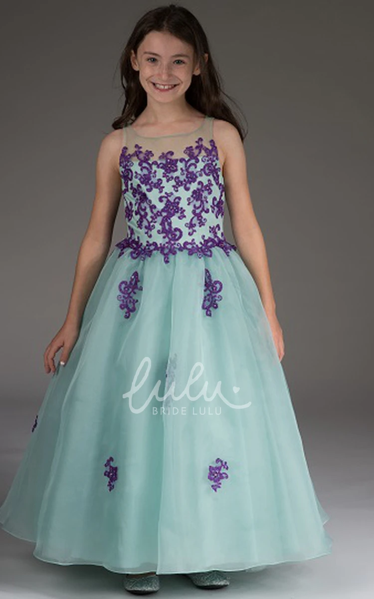 Organza Appliqued Bodice Ball Gown Flower Girl Dress with Illusion Neck