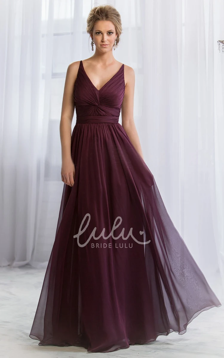 Knot Pleated V-Neck A-Line Bridesmaid Dress Sleeveless Style