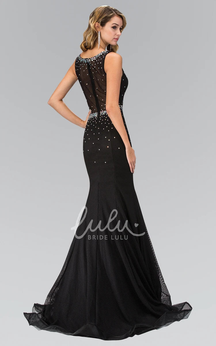 Ruffled Sleeveless Sheath Prom Dress with Scoop-Neck and Illusion Detail