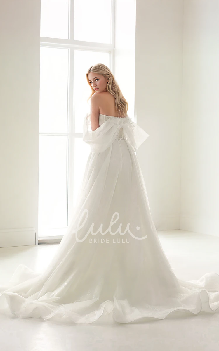 Sexy Elegant A-Line Floral Off-the-shoulder Strapless Wedding Dress Romantic Ethereal Sleeveless Floor-length Split Front Open Back Bridal Gown with Train