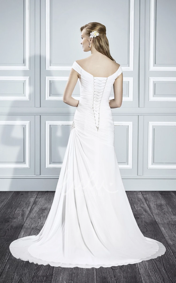 Off-The-Shoulder A-Line Satin Wedding Dress with Side Draping and Beading