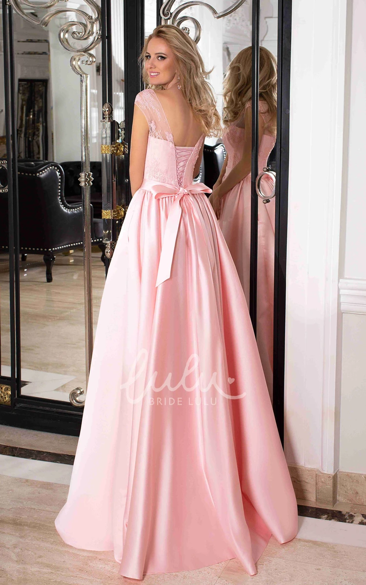A-Line Satin Lace Bow Formal Dress with Floor-Length and Cap Sleeves