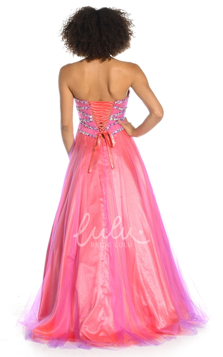 A-Line Tulle&Satin Sleeveless Prom Dress Beaded Sweetheart Floor-Length Ruched