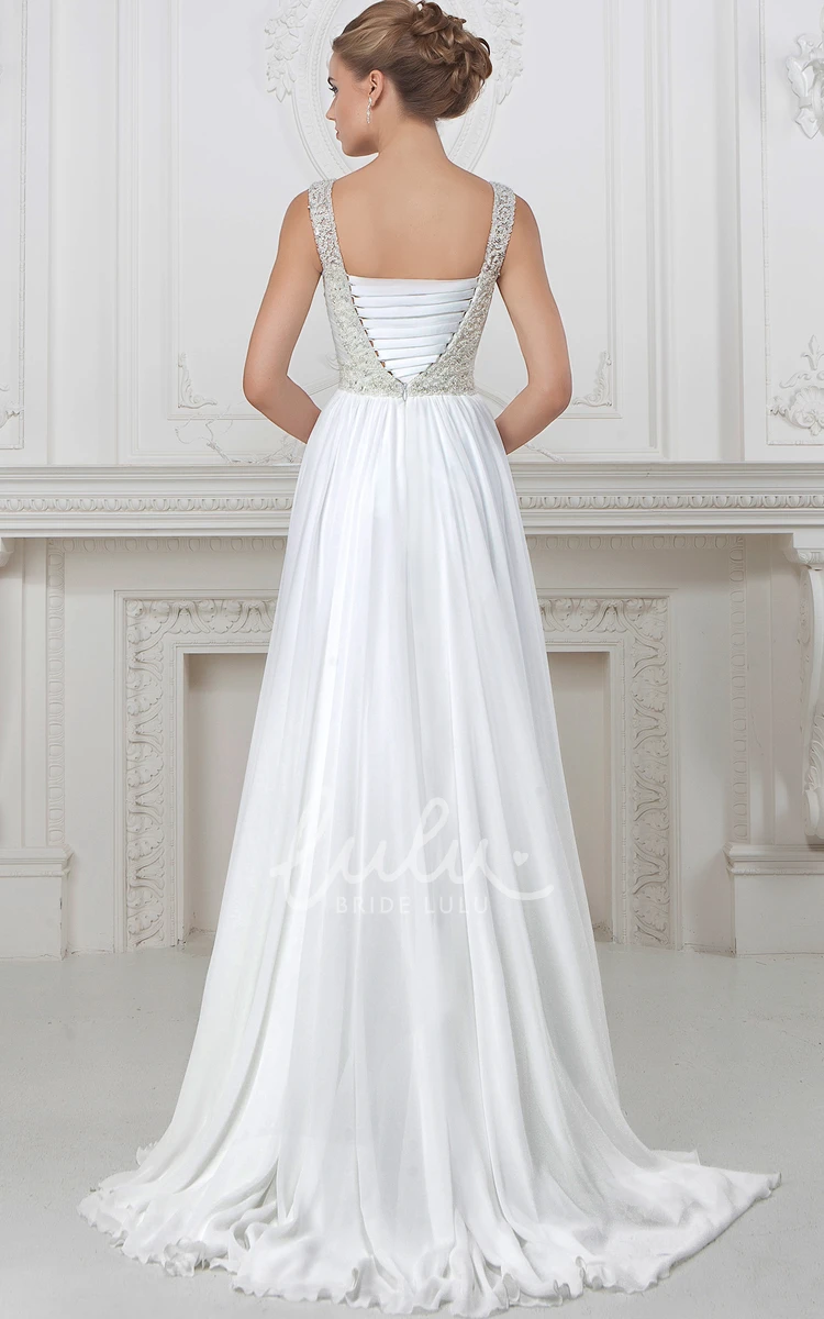 A-Line Sleeveless Chiffon Wedding Dress with Beaded Waist Jewelry and Pleats Long