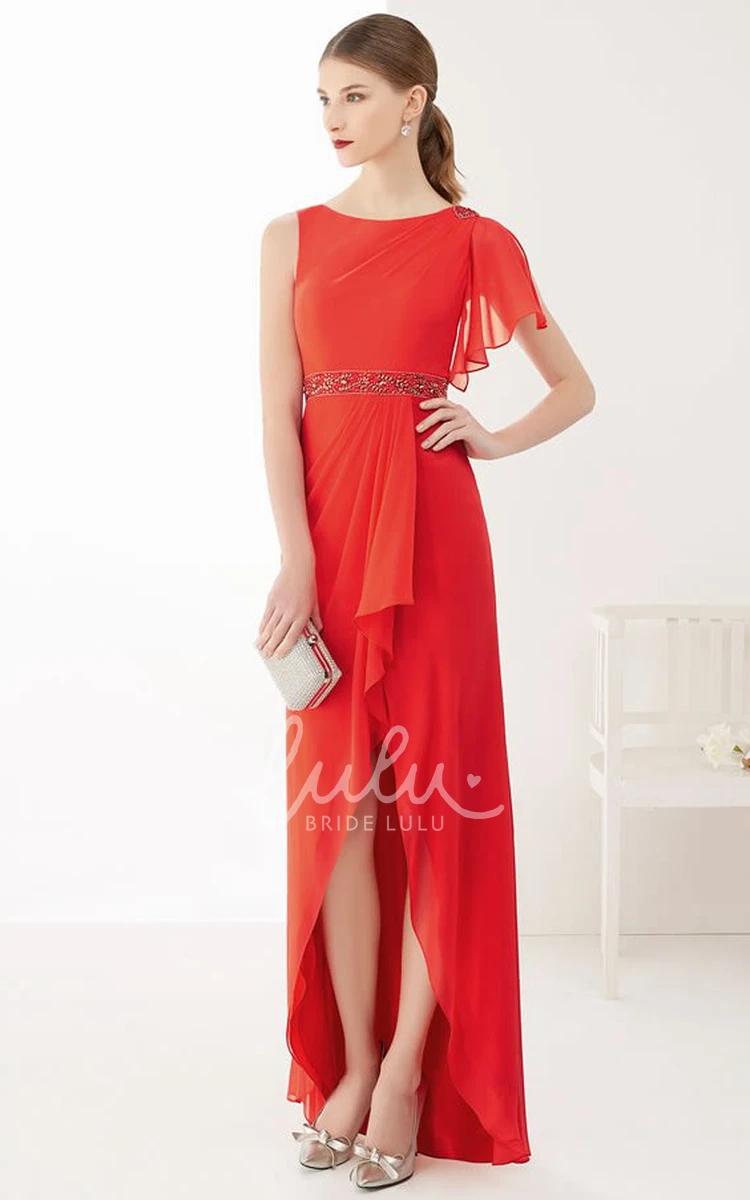 High Low Chiffon Prom Dress with Removable Sleeve and Front Split Side Drape