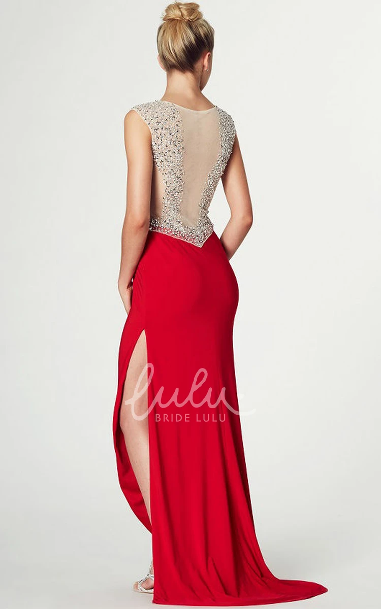 Cap-Sleeve Scoop Neck Jersey Prom Dress with Split-Front