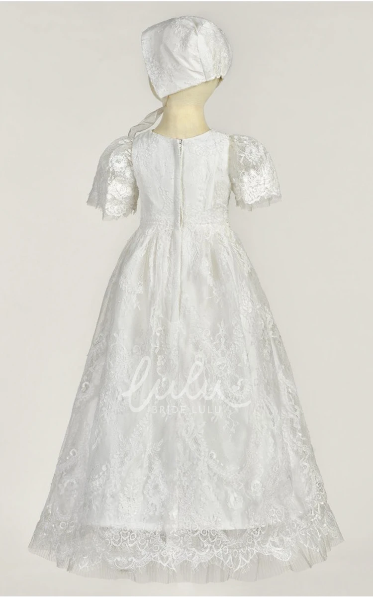 Lace Illusion Christening Dress with Zipper Back and Puff Sleeves