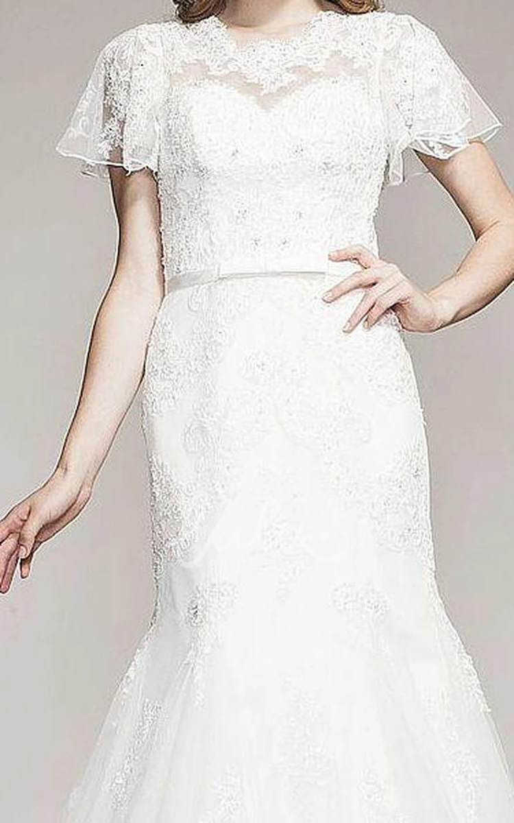 Caped Mermaid Wedding Dress with Short Sleeves and Floor-Length Lace&Tulle