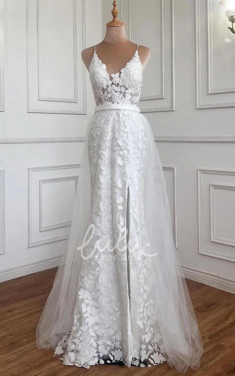Romantic Lace A Line Prom Dress with Sash Floor-length Train Sleeveless