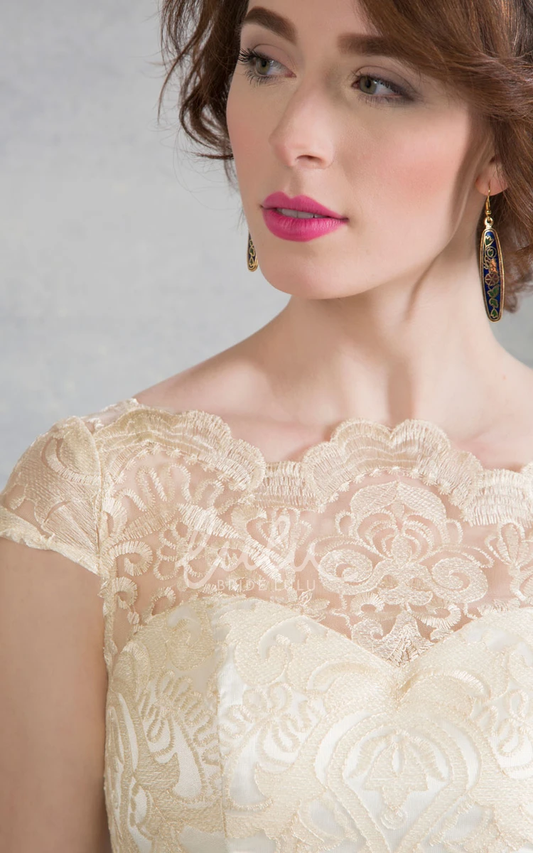 Appliqued Tulle Wedding Dress Tea-Length Bateau Neck Sleeveless