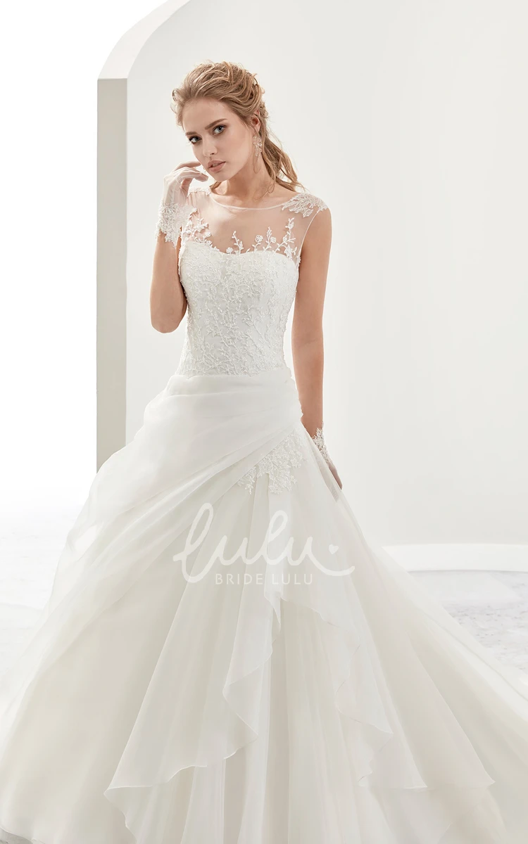 Illusive A-Line Bridal Gown with Side Ruffles and Cap Sleeves