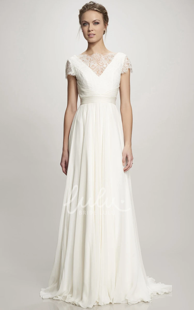 Cap-Sleeve Chiffon Wedding Dress with Sweep Train and V-Back Ruched Maxi Bateau