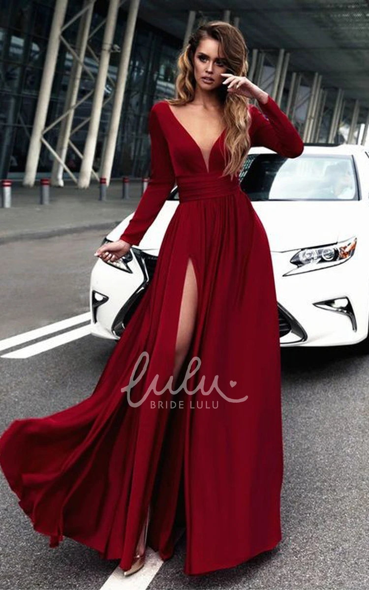 Long Sleeve Plunging Sheath Dress with Low-V Back Elegant Modern Dress