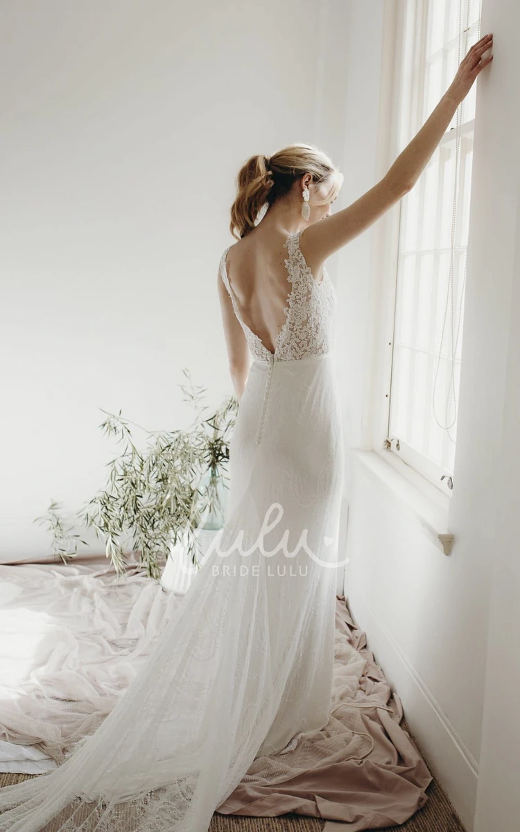 Sleeveless Lace Sheath Wedding Dress with Plunging V-neck and Deep V-back Buttons