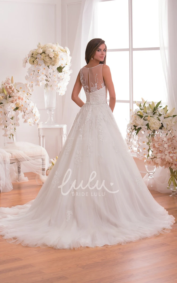 A-Line Wedding Dress with Floral Appliques and Illusion Detail Bateau-Neck and Romantic