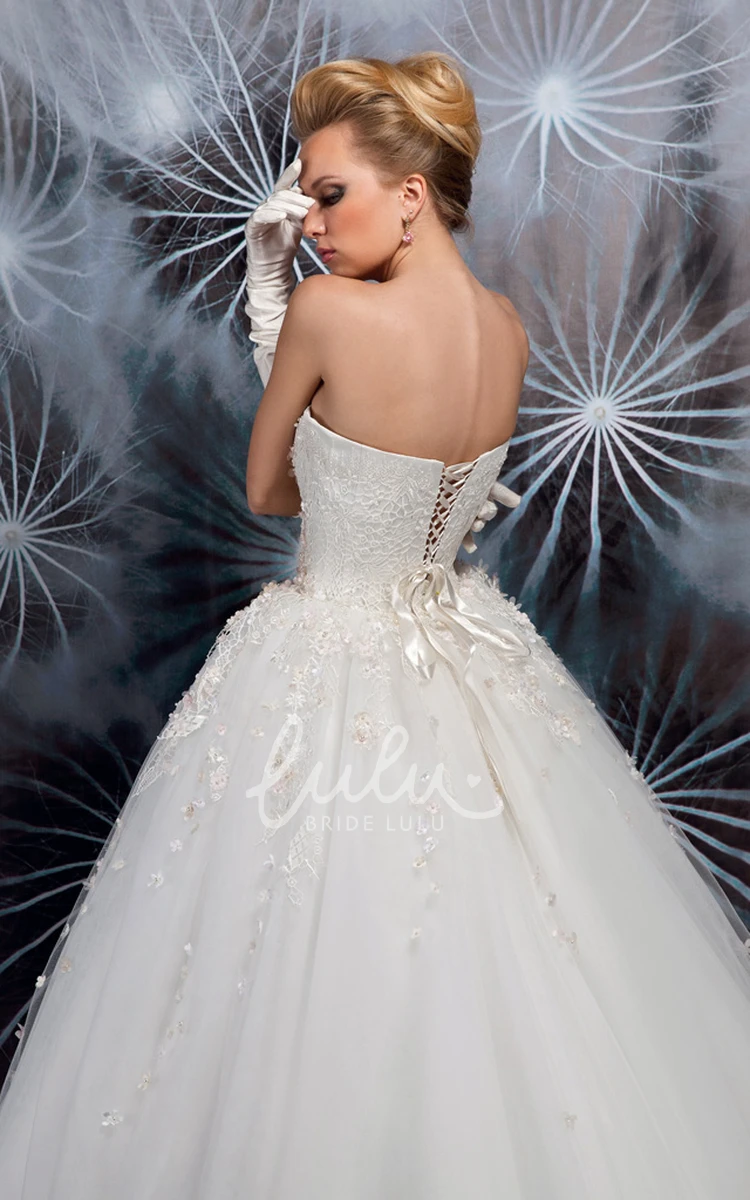 Ribbon and Corset Back Long Strapless Tulle Wedding Dress with Applique Detail