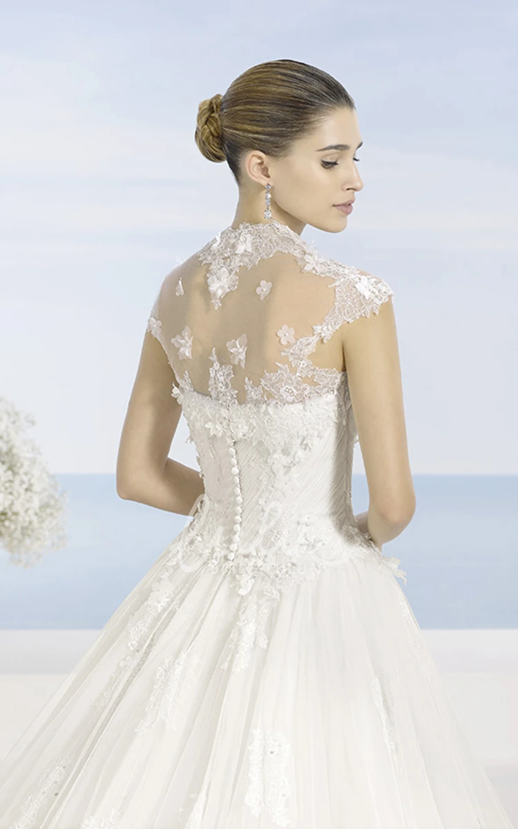 Appliqued Sleeveless Tulle Wedding Dress with Backless Style A-Line Silhouette