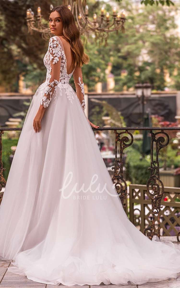 A-Line V-Neck Lace Tulle Wedding Dress with Long Sleeves and Appliques