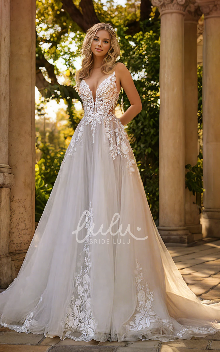 Sexy Romantic A-Line Lace Flowers Tulle Spaghetti Plunging Neckline Wedding Dress Ethereal Elegant Sleeveless Floor-length Deep-V Back Garden Bridal Gown with Train