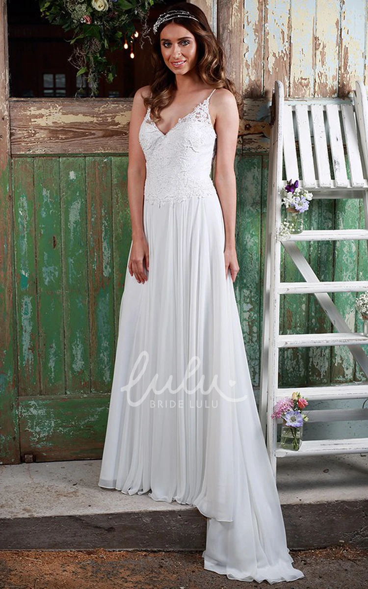 Illusion Spaghetti Strap Chiffon Wedding Dress Long and Pleated with Appliques