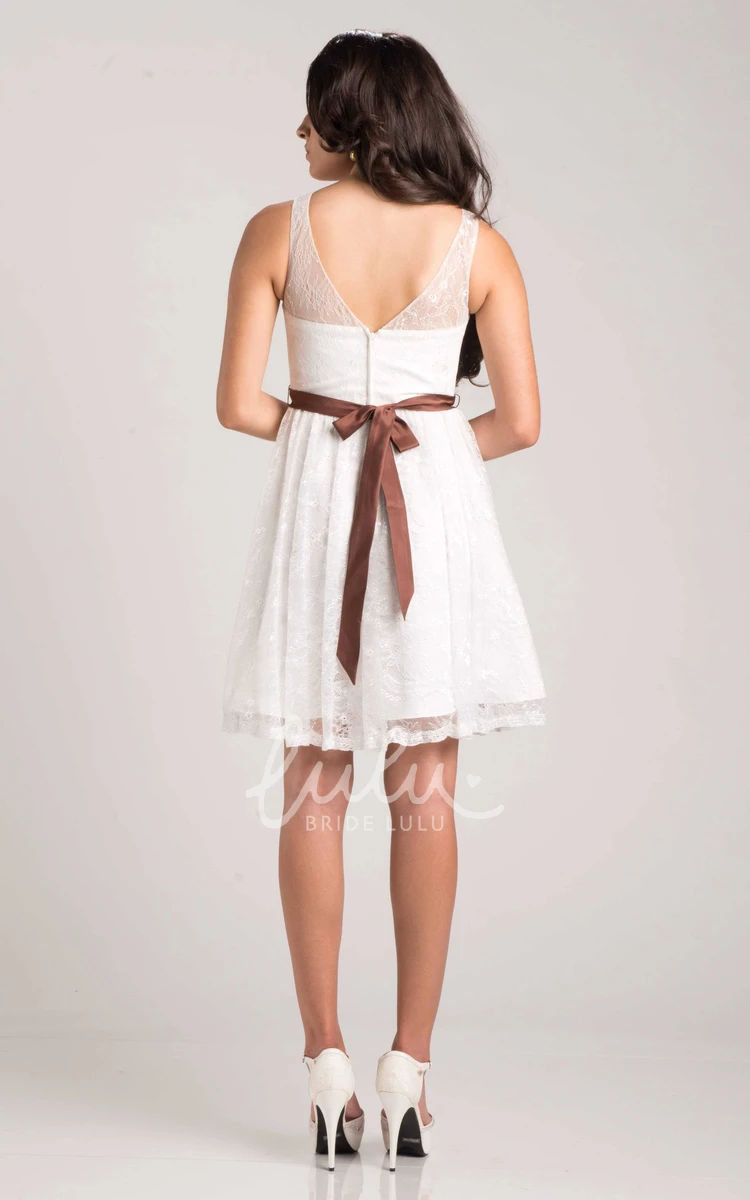 Short Lace A-Line Bridesmaid Dress with Satin Bow Sash Sleeveless
