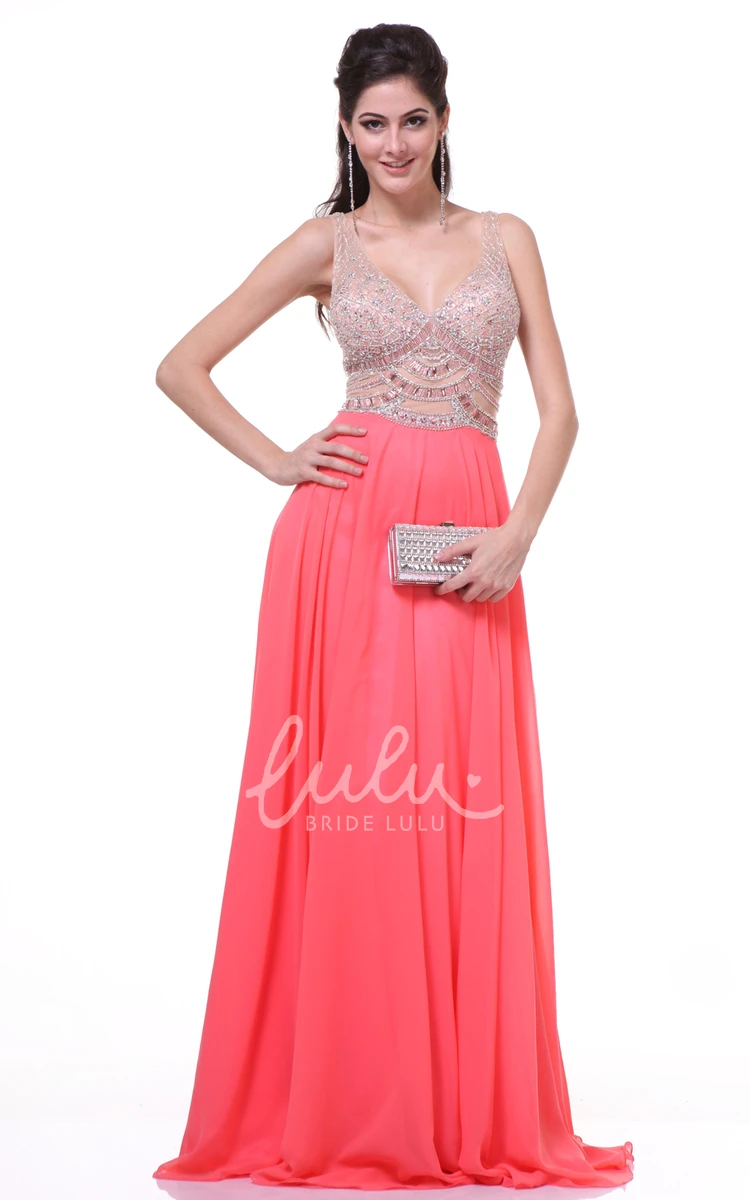 Pleated Sheath Chiffon Formal Dress with Beading and V-Neckline