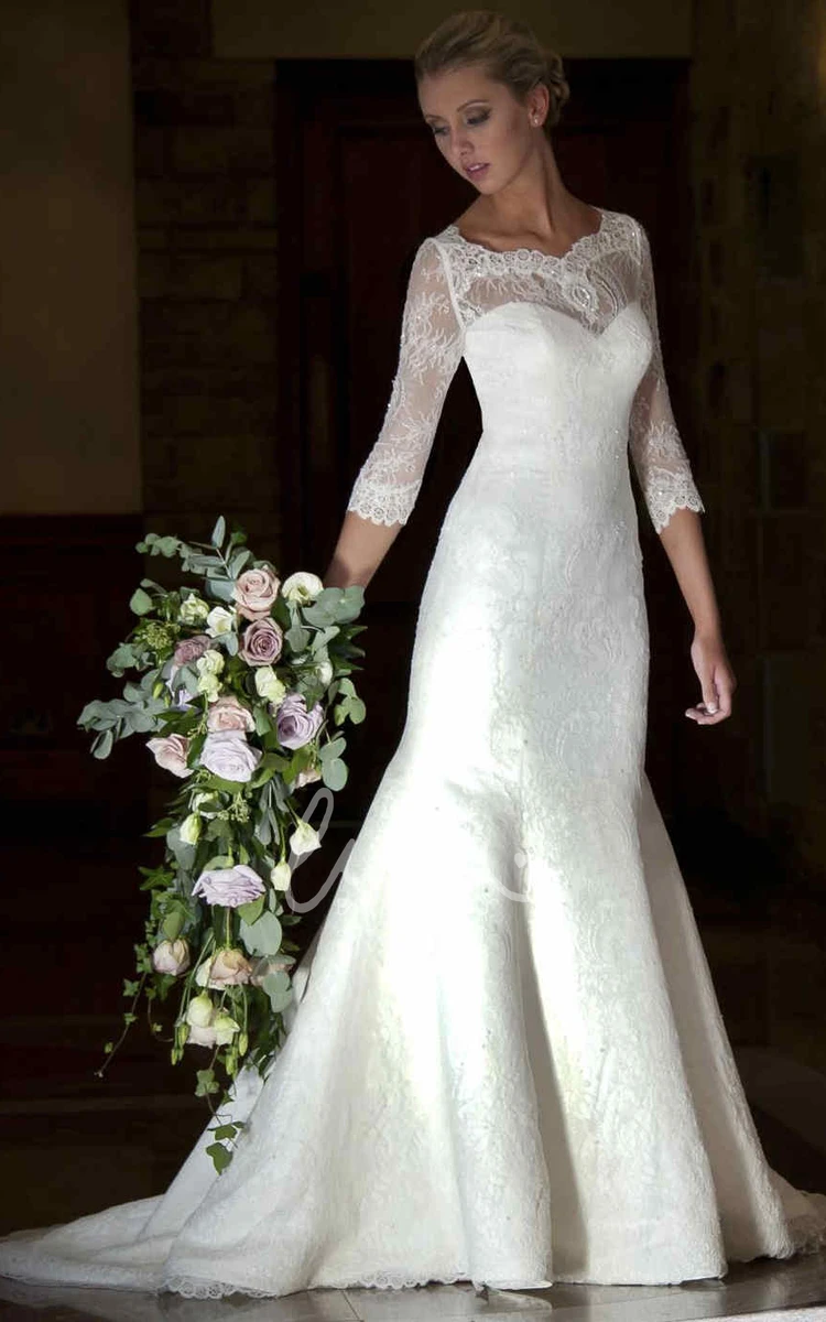 V-Neck Lace Mermaid Wedding Dress Illusion 3-4-Sleeve