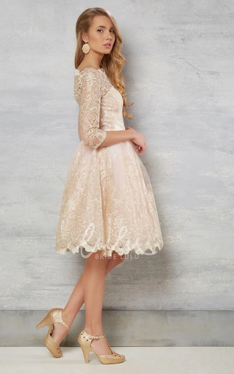 Illusion Bateau-Neck Lace Wedding Dress with 3/4 Sleeves A-Line Knee-Length