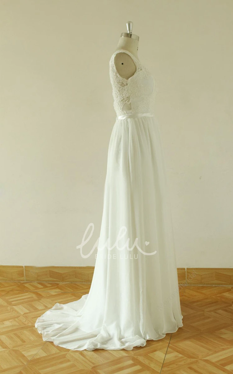 Bohemian Floral A-Line Lace Chiffon Wedding Dress Romantic Elegant V-Neck Backless Sleeveless Bridal Gown with Sash