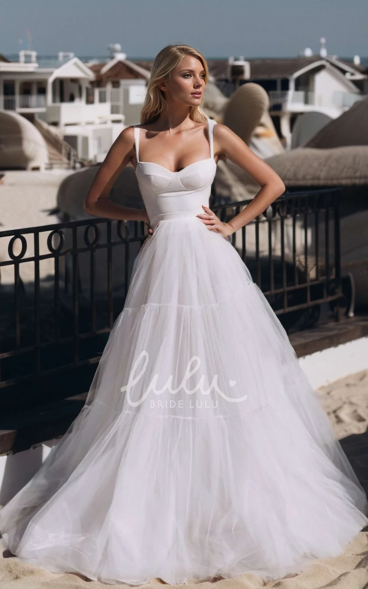 Tulle A-Line Ethereal Casual Straps Scalloped Neck Wedding Dress Sexy Elegant Solid Floor-length Sleeveless Open Back Bridal Dress