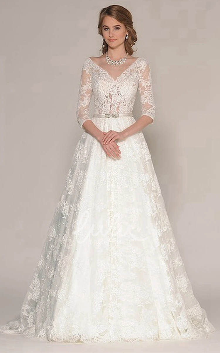 Lace V-Neck A-Line Wedding Dress with Appliques and 3/4 Sleeves