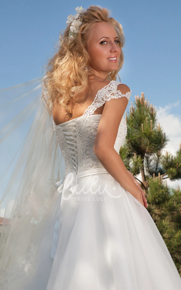 Cap Sleeve Square Neck Tulle A-Line Wedding Dress with Applique and Lace-Up Modern Bridal Gown