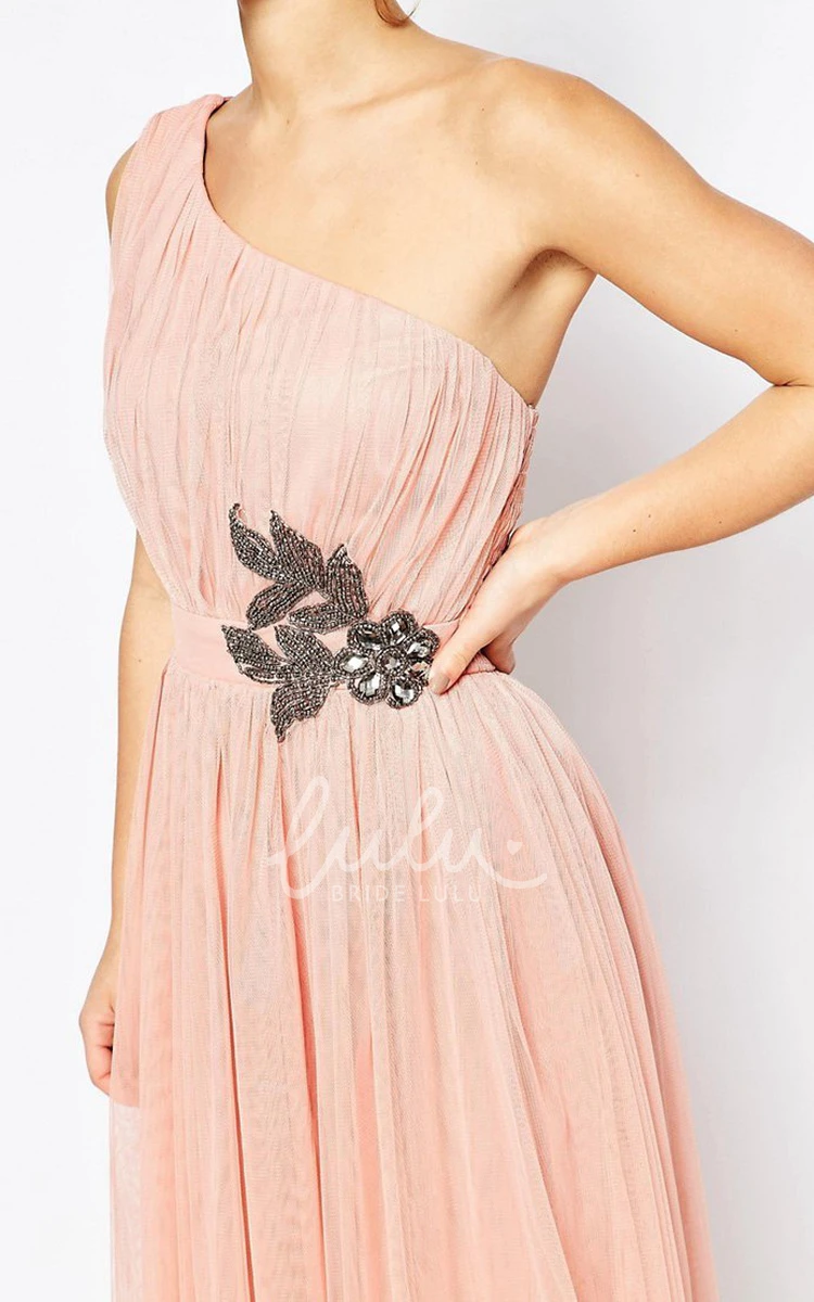 Crystal Tulle One-Shoulder Bridesmaid Dress Sleeveless