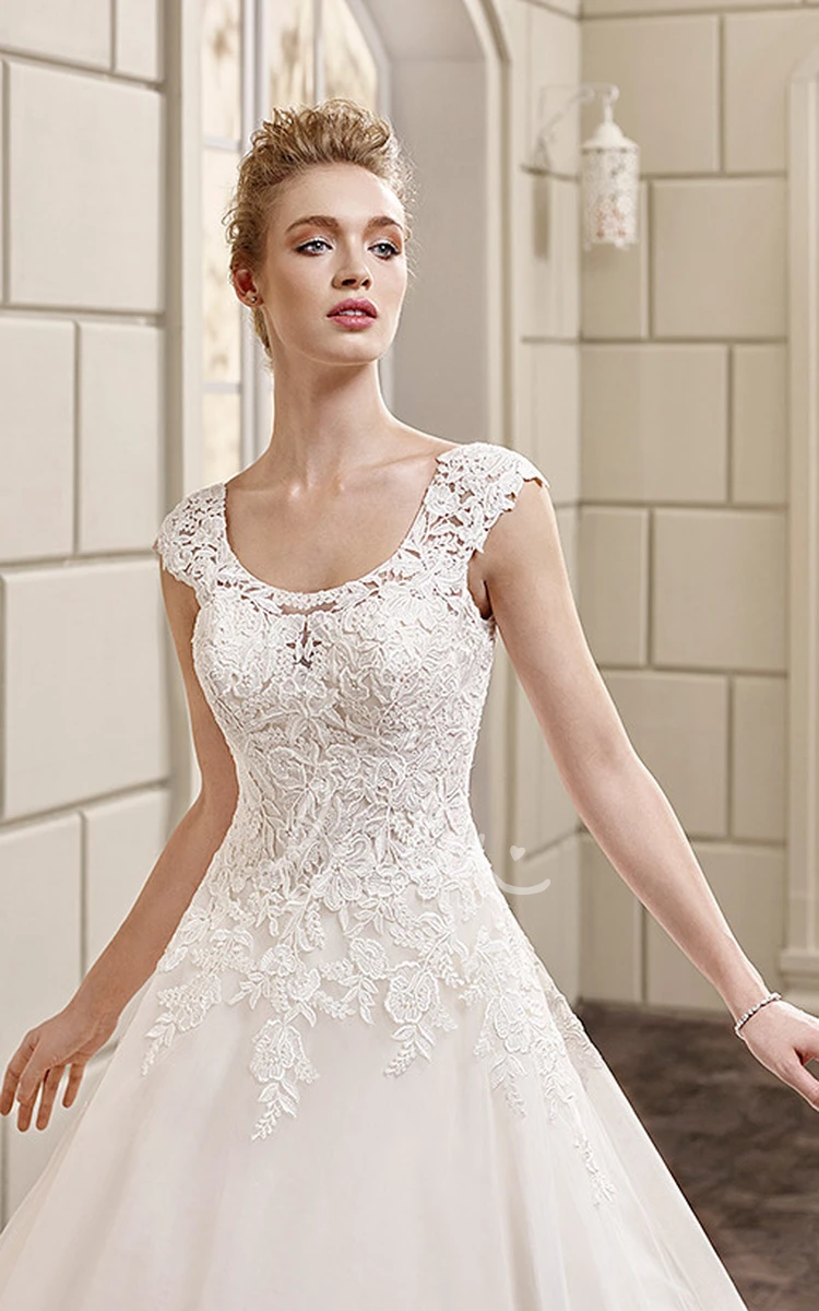 Cap-Sleeve V-Neck A-Line Wedding Dress with Lace and Satin