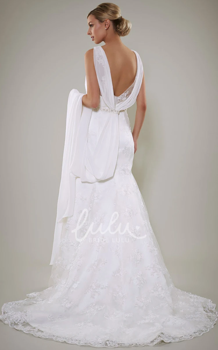 Appliqued Satin Sheath Wedding Dress with Low-V Back and Waist Jewelry