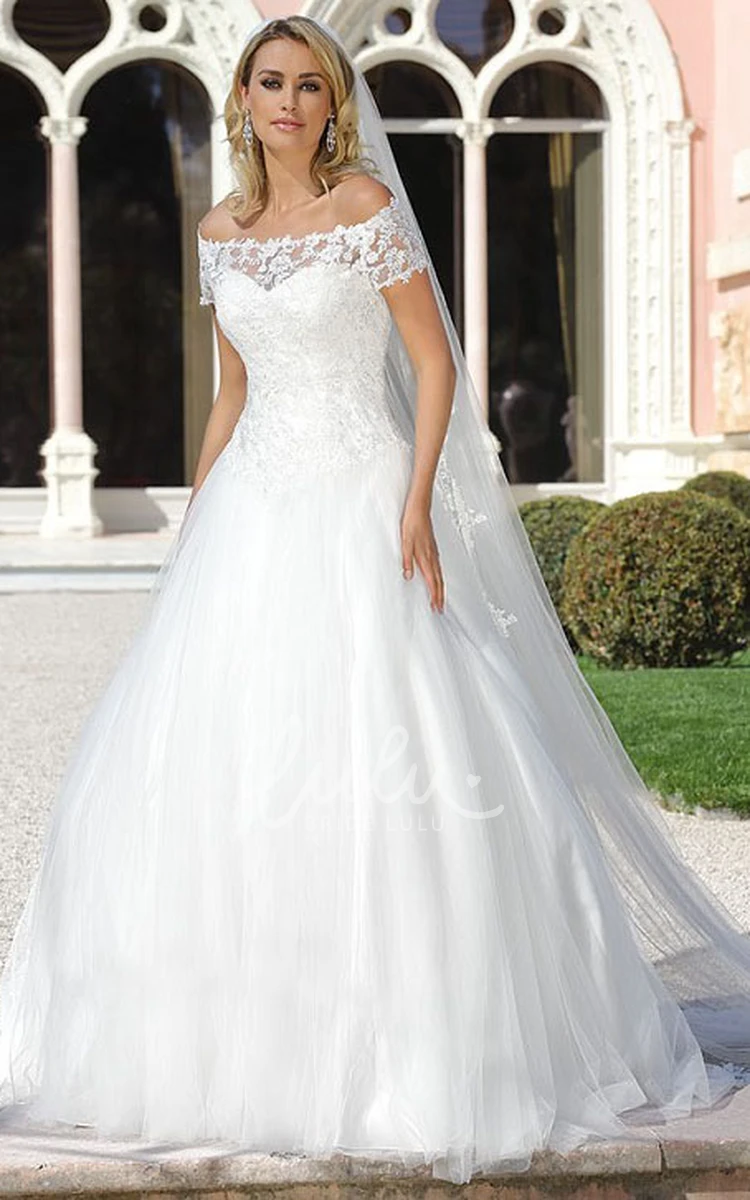 Off-The-Shoulder Tulle Wedding Dress Short-Sleeve Bridal Gown