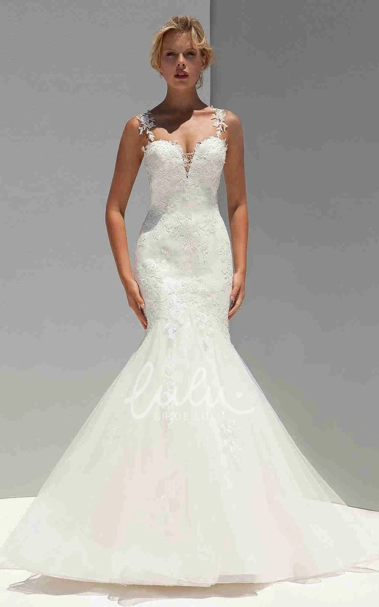 Sleeveless Mermaid Tulle Appliqued Wedding Dress with Spaghetti Straps