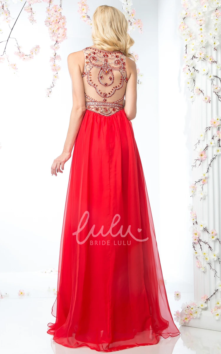 Chiffon Illusion A-Line Formal Dress with Beading Jewel-Neck Sleeveless