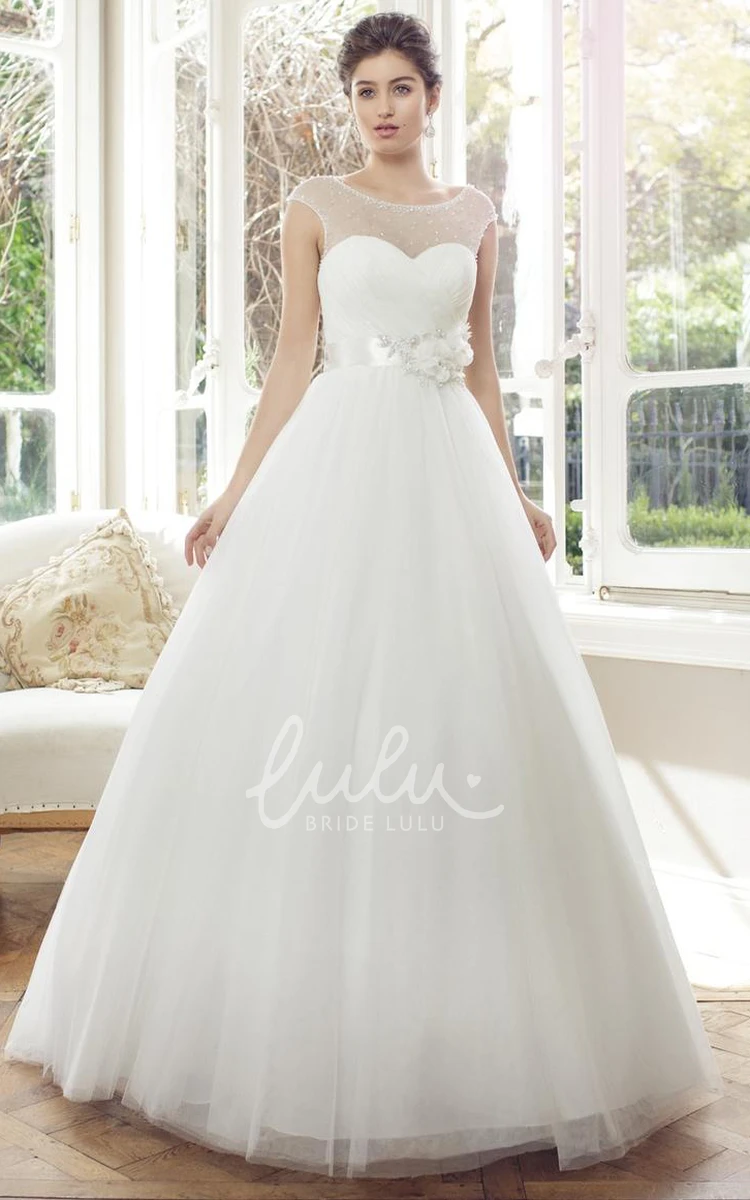 Cap-Sleeve Long Tulle Wedding Dress with Flower Ball Gown