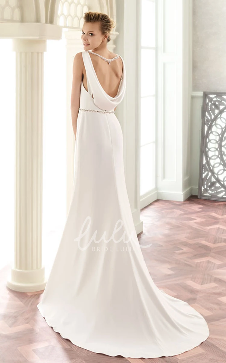 Satin V-Neck Wedding Dress with Jeweled Waist and Brush Train Floor-Length