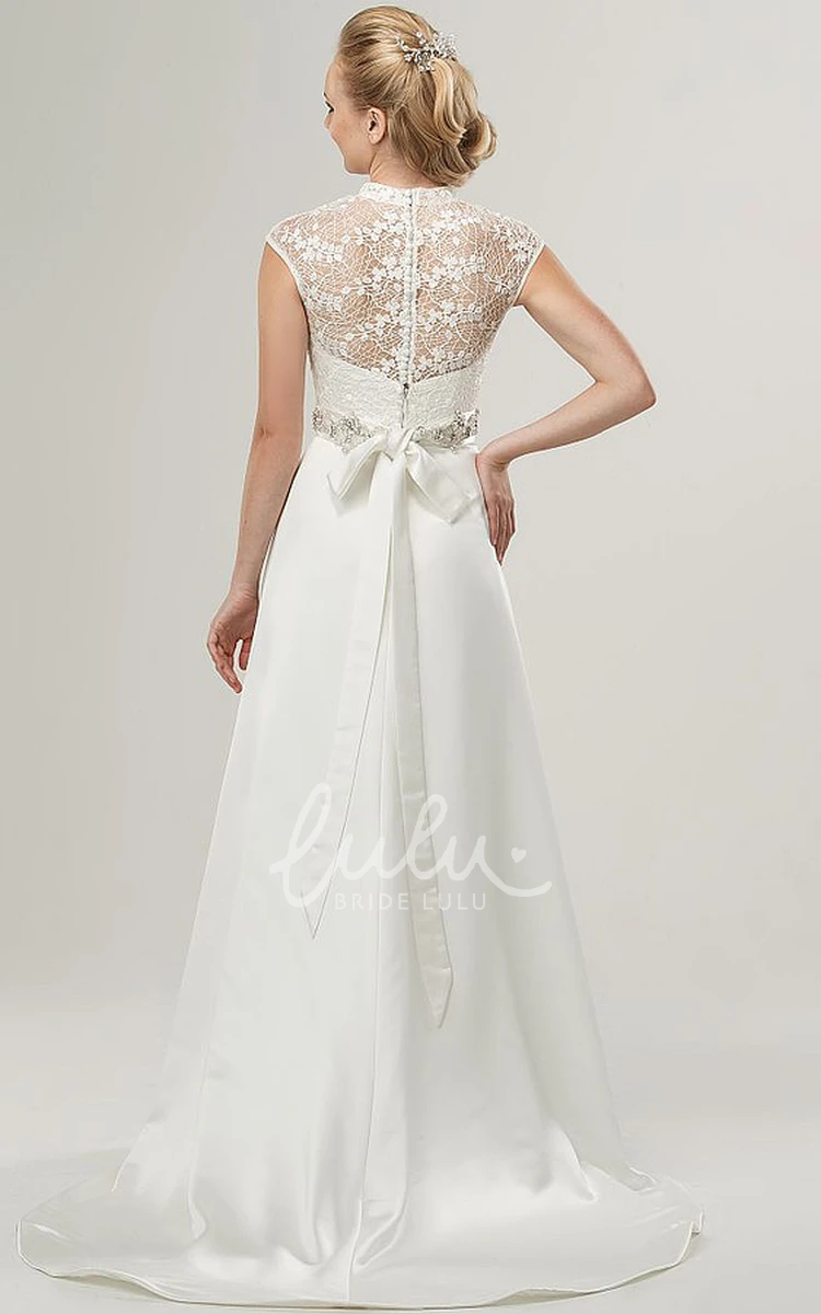 Satin&Lace High-Neck Wedding Dress with Cap-Sleeves and Jewels