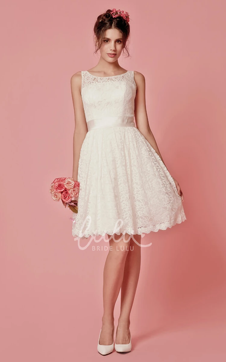 Lace Sleeveless A-Line Short Wedding Dress with Scoop Neckline