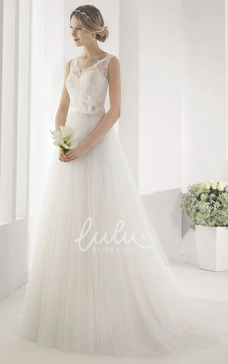 V-neck Wedding Dress with Embroidered Top Tulle Skirt and Waist Flower